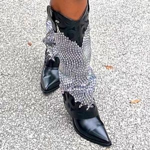 Fashionova Black Rhinestone Embellished Cowboy Boots